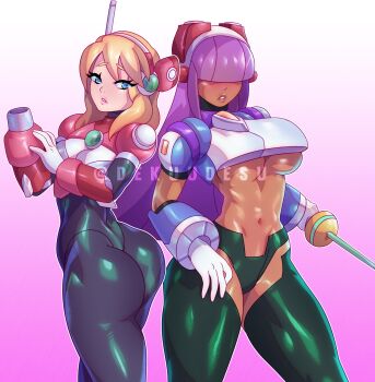 alia_(mega_man) android ass blonde_hair bodysuit breasts dark-skinned_female dark_skin doreko highres large_breasts layer_(mega_man) medium_breasts mega_man_(series) mega_man_x_(series) navel purple_hair robot underboob