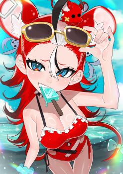 1girl absurdres animal_ear_fluff animal_ears biting black_streaks blue_eyes bow breasts cleavage collar commentary day dice_hair_ornament eyewear_on_head fingernails food gluteal_fold hair_between_eyes hair_ornament hakos_baelz hakos_baelz_(holonatsu_paradise) highres hololive hololive_english large_breasts long_hair melting_popsicle mouse_ears mouse_girl mouse_on_head mouse_tail mr._squeaks_(hakos_baelz) ocean official_alternate_costume official_alternate_hairstyle one-piece_swimsuit outdoors popsicle red_hair red_one-piece_swimsuit solo spiked_collar spikes sunglasses swimsuit symbol-only_commentary tail tail_bow tail_ornament thigh_gap virtual_youtuber water white_hair yuuppi