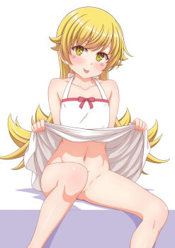 1girl bakemonogatari bare_shoulders blonde_hair blush_stickers clothes_lift commentary_request dress lifting_own_clothes long_hair looking_at_viewer monogatari_(series) no_panties oshino_shinobu pointy_ears ribbon shakunetsujigoku simple_background solo tongue tongue_out very_long_hair white_dress yellow_eyes
