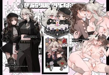 2girls ass belt beret blush braid breasts brown_hair candy closed_eyes commentary_request commission completely_nude couple crazy_straw cross drinking_straw eye_contact finger_in_another&#039;s_mouth food garter_straps grabbing_another&#039;s_breast groping hat heart_(organ) holding_hands horns interlocked_fingers jacket latin_text licking licking_another&#039;s_neck lollipop long_hair looking_at_another mamaloni medium_breasts midriff moaning multiple_girls multiple_views nipple_stimulation nipple_tweak nipples nude original pants pantyhose pussy red_eyes shared_drink simple_background skeb_commission skirt spread_legs spread_pussy table torn_clothes torn_pantyhose v white_hair yellow_eyes yuri