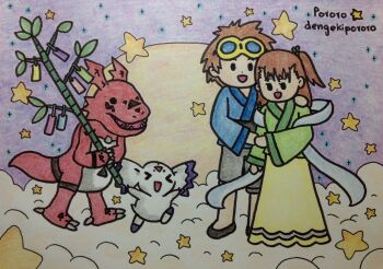 Rule 34 | 1boy, 1girl, culumon, dengekipororo, digimon, digimon (creature), digital hazard, goggles, goggles on head, guilmon, katou juri, matsuda takato, sharp teeth, star (symbol), teeth, zero unit