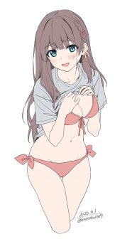 1girl absurdres bikini blue_eyes blush braid breasts brown_hair cleavage clothes_lift commentary_request hair_ornament hairclip highres long_hair looking_at_viewer medium_breasts navel open_mouth original pink_bikini shirt shirt_lift short_sleeves simple_background solo stomach sweatdrop swimsuit unasaka_ryou white_background white_shirt