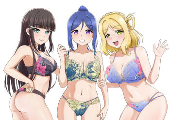 3girls :d ass black_bra black_hair black_panties blonde_hair blue_bra blue_hair blue_panties bra breasts cleavage collarbone embroidered_bra embroidered_panties floral_print kurosawa_dia looking_at_viewer love_live! love_live!_sunshine!! matsuura_kanan multiple_girls navel non-web_source ohara_mari open_mouth panties purple_bra purple_panties shooter_(l.i.r) skindentation smile underwear underwear_only