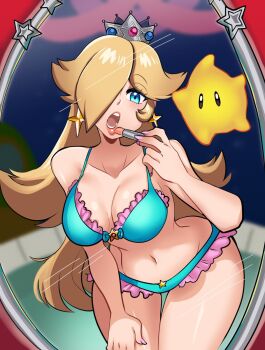 1girl bikini blonde_hair breasts crown earrings hair_over_one_eye highres jewelry large_breasts lipstick long_hair luma_(mario) makeup mario_(series) missandydandy navel nintendo rosalina silver_crown star_(symbol) star_earrings super_mario_galaxy swimsuit