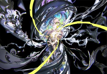 1girl absurdres armor armored_boots armored_dress asymmetrical_bangs bare_shoulders blue_flower boots broken broken_handcuffs charging_forward chromatic_aberration closed_mouth cuffs dark_background dress eyelashes floating_hair flower flower_in_eye green_flower grey_flower grey_hair grey_nails hair_flower hair_ornament hair_over_one_eye handcuffs highres light light_smile liquid long_hair looking_at_viewer magic messy_hair navel original petals serious shadow silver_dress sleeveless smoke solo symbol_in_eye water white_flower yellow_eyes yellow_flower yellow_nails yoneyama_mai