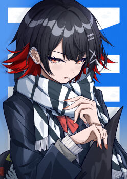 1girl absurdres black_hair black_jacket black_scarf colored_inner_hair commentary_request ellen_joe fins fish_tail highres jacket mole mole_under_eye multicolored_hair mutsu_aya red_eyes red_hair scarf shark_girl shark_tail shirt short_hair solo striped_clothes striped_scarf tail upper_body white_scarf white_shirt zenless_zone_zero