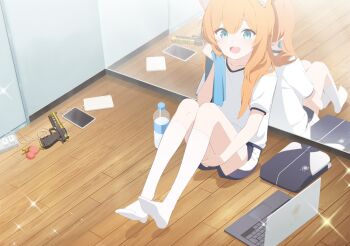 1girl animal_ear_fluff animal_ears blue_archive blue_eyes blue_shorts cat_ears cat_girl cellphone computer desert_eagle gun hair_between_eyes handgun highres holding holding_towel kneehighs laptop long_hair looking_at_viewer mari_(blue_archive) mari_(track)_(blue_archive) mirror non-web_source official_art on_floor open_mouth orange_hair phone reflection shirt short_shorts short_sleeves shorts sidelocks sitting smartphone socks solo t-shirt tablet_pc towel weapon white_shirt white_socks wooden_floor