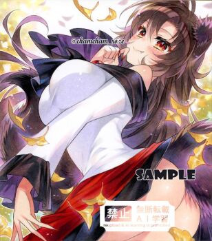 1girl animal_ears ass autumn_leaves bare_shoulders blush brown_hair chacham closed_mouth commentary_request dress fang imaizumi_kagerou leaf long_sleeves looking_at_viewer nail_polish no_panties off-shoulder_dress off_shoulder red_dress red_eyes red_nails sample_watermark smile solo tail touhou traditional_media twitter_username two-tone_dress watermark white_dress wolf_ears wolf_girl wolf_tail