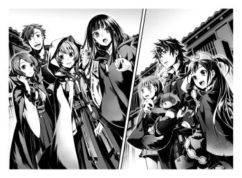 2boys 5girls :d animal animal_ears animal_on_shoulder arm_up bird bird_on_shoulder blunt_bangs border carrying filo_(tate_no_yuusha_no_nariagari) glass_(tate_no_yuusha_no_nariagari) greyscale hakama hakama_skirt holding holding_mask hood hood_up iwatani_naofumi japanese_clothes kazayama_kizuna kimono l'arc_berg_sickle long_sleeves looking_at_viewer mask miko minami_seira monochrome multiple_boys multiple_girls novel_illustration official_art open_mouth raccoon raccoon_ears raccoon_girl raphtalia ribbon-trimmed_sleeves ribbon_trim rishia_ivyred skirt smile split_screen sweatdrop tate_no_yuusha_no_nariagari therese_alexanderite two_side_up white_border wide_sleeves