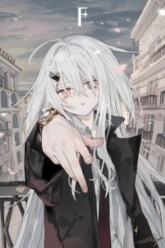 1girl absurdres black_coat coat grey_eyes grey_shirt hair_ornament hairclip heterochromia highres long_hair looking_at_viewer necktie open_mouth original outdoors red_eyes shirt signature solo very_long_hair watakokyu watch white_hair wristwatch