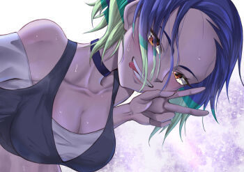 1girl bare_shoulders black_choker blue_hair bob_cut breasts brown_eyes choker cleavage clenched_teeth collarbone crop_top gradient_hair grey_shirt highres kikyouta loose_hair_strand medium_breasts midriff multicolored_hair nintendo perrin_(pokemon) pokemon pokemon_sv ribbed_shirt shirt short_hair sleeveless sleeveless_shirt solo teeth tongue tongue_out undershirt upper_body v-neck