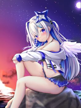 1girl absurdres amane_kanata bare_shoulders beach bikini black_bikini blue_hair blue_halo blush bob_cut breasts cleavage closed_mouth colored_inner_hair commentary_request feathered_wings frilled_bikini frills gradient_wings grey_hair hachi7515 hair_between_eyes hair_ornament halo highres hololive jacket long_hair long_sleeves looking_at_viewer multicolored_hair multicolored_wings navel open_clothes open_jacket outdoors purple_eyes sitting small_breasts solo star_halo stomach swimsuit virtual_youtuber white_jacket white_wings wings