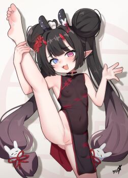 1girl absurdres barefoot black_dress black_hair blue_eyes boppin breasts character_request china_dress chinese_clothes cleft_of_venus commentary commission double_bun dress english_commentary feet hair_bun hair_ornament heterochromia highres horns indie_virtual_youtuber loli long_hair no_panties open_mouth pixiv_commission pointy_ears pussy sleeveless sleeveless_dress small_breasts soles solo split standing standing_on_one_leg standing_split toes twintails uncensored virtual_youtuber