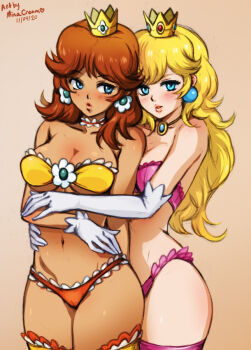 2020 2girls alternate_costume blonde_hair blue_eyes blush breasts brown_hair cleavage crown dark-skinned_female dark_skin dated earrings elbow_gloves female_focus flower_earrings bad_tag gloves hug hug_from_behind jewelry lingerie long_hair looking_at_viewer mario_(series) mina_cream multiple_girls navel nintendo panties princess_daisy princess_peach short_hair standing super_mario_bros._1 super_mario_land thighs underboob underwear white_gloves yuri