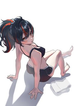 1girl absurdres alternate_costume bare_shoulders barefoot black_bra black_hair black_shorts bra breasts collarbone commentary_request dolphin_shorts full_body hair_between_eyes hairband half-closed_eye highres knee_up large_breasts leaning_back looking_at_viewer looking_back metal_hairband multicolored_hair open_mouth orange_eyes ponytail red_hair red_streaks shadow shorts simple_background sitting solo streaked_hair tora_(kumo_sakamoto) towel underwear white_background zenless_zone_zero zhu_yuan