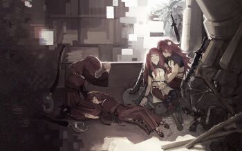 4girls anmoko0520 devola dual_persona flower hair_flower hair_ornament highres in-franchise_crossover lap_pillow multiple_girls nier nier:automata nier_(series) planted planted_sword planted_weapon popola red_hair siblings sisters sitting sitting_on_lap sitting_on_person sword twins weapon