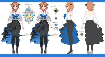 1girl alicja_da_lontano animal_ears black_boots black_pants blue_bow boots bow breasts brown_hair buttons cleavage closed_mouth collarbone commentary cow_ears cow_girl cow_horns cow_tail english_commentary floral_print_sleeves frills glasses globie green_eyes high_heel_boots high_heels highres horns jewelry mole mole_under_eye multiple_views neck_ribbon off-shoulder_shirt off_shoulder official_alternate_hairstyle pants pink_bow pink_ribbon reference_sheet ribbon ring shirt tail udon_(udonalium) white_shirt