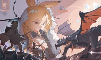 4girls animal_ears arknights black_gloves bow_(weapon) character_request closed_mouth commentary_request d20_(die) dice dragon gloves hair_between_eyes hand_up highres holding holding_bow_(weapon) holding_staff holding_sword holding_weapon looking_down multiple_girls orange_eyes orange_hair polyhedral_dice rroc_(rrck11) staff sword thinking veil weapon