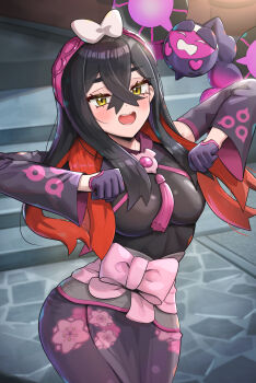 1girl carmine_(pokemon) carmine_(sygna_suit)_(pokemon) gonzarez highres japanese_clothes kimono nintendo official_alternate_costume pecharunt pokemon pokemon_(creature) pokemon_masters_ex