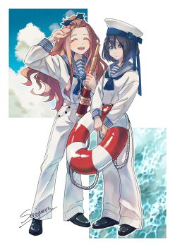 2girls black_hair black_shoes blue_eyes blue_ribbon blue_sailor_collar brown_hair closed_eyes cloud cloudy_sky hair_ribbon hat highres holding holding_telescope humanization jewelry lifebuoy long_hair long_sidelocks looking_at_another multiple_girls neckerchief necklace original pants ribbon sailor sailor_collar sailor_hat sailor_shirt salute shirt shoes short_hair sidelocks signature sky soramaru_ell sparkle spyglass swim_ring telescope twitter_username water watermark whistle whistle_around_neck white_pants
