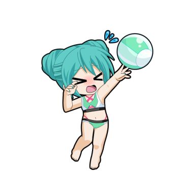 >_< 1girl aqua_hair aqua_nails arm_up ball barefoot beachball bikini black_outline blush chibi chibi_only flying_sweatdrops full_body game_asset green_bikini hand_up hatsune_miku hatsune_miku_graphy_collection jumping layered_bikini navel nose_blush open_mouth outline pink_bikini raised_inner_eyebrows solo stomach swimsuit transparent_background vocaloid white_bikini