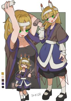 1girl absurdres arm_warmers black_dress blonde_hair blush breasts brown_shirt candle color_guide doll dress full_body green_eyes hashihime headband highres holding holding_doll holding_mallet loose_socks mallet mary_janes medium_breasts mizuhashi_parsee multiple_views myakopu nail_(hardware) open_mouth pointy_ears shirt shoes short_hair short_sleeves smile socks standing straw_doll touhou ushi_no_koku_mairi white_headband