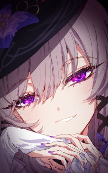 1girl black_background black_hat bridal_gauntlets commentary english_commentary fingernails flower grey_hair hair_between_eyes hat head_tilt herta_(honkai:_star_rail) highres honkai:_star_rail honkai_(series) long_hair looking_at_viewer nail_polish own_hands_together parted_lips portrait purple_eyes purple_flower purple_nails rayno simple_background smile solo swept_bangs the_herta_(honkai:_star_rail) white_bridal_gauntlets
