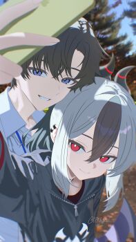 1boy 1girl arm_up black_choker black_hair black_hoodie black_horns blue_archive business_casual choker closed_mouth collared_shirt commentary demon_horns earclip english_commentary hair_between_eyes highres holding holding_phone hood hoodie horns kayoko_(blue_archive) long_hair long_sleeves multicolored_hair phone ponytail red_eyes selfie sensei_(blue_archive) sensei_(blue_archive_the_animation) shi_draco shirt short_hair smile two-tone_hair white_hair