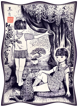 2girls animal belt bonsai bow braid cat curtains dress flower fractal_underground_studio from_behind hair_bow hand_on_own_knee kneehighs long_hair monochrome multiple_girls original pillow plant potted_plant shirt short_hair short_sleeves sitting skirt sleeveless sleeveless_dress socks standing traditional_media tree twin_braids vase vest