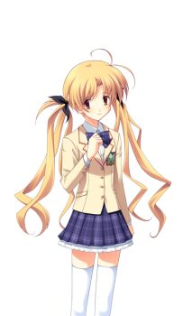 1girl antenna_hair black_bow blazer blonde_hair blush bow bowtie breasts brown_eyes brown_jacket chaos;head collared_shirt dress_shirt game_cg hair_bow jacket looking_at_viewer matsuo_yukihiro miniskirt non-web_source official_art orihara_kozue petticoat plaid_bow plaid_bowtie plaid_clothes plaid_skirt purple_bow purple_bowtie school_uniform science_adventure shirt skirt small_breasts smile solo sprite suimei_academy_school_uniform thighhighs transparent_background twintails white_shirt white_thighhighs winter_uniform zettai_ryouiki