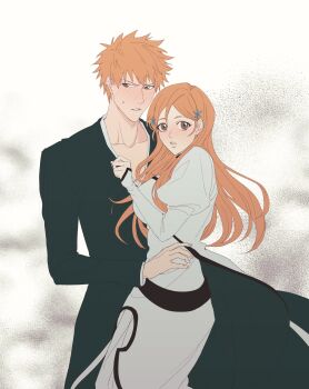 1boy 1girl 2025 bankai bleach breasts brown_eyes collarbone hair_ornament hairclip highres inoue_orihime kurosaki_ichigo large_breasts light_blush long_hair nothinkingirl orange_hair parted_lips short_hair simple_background snowflake_hair_ornament standing sweatdrop tensa_zangetsu_(bankai)