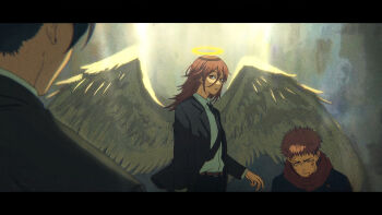 Rule 34 | 3boys, angel, angel devil (chainsaw man), angel wings, arashi (boom sate225), belt, black border, black hair, black jacket, black necktie, black pants, black suit, border, brown belt, chainsaw man, closed eyes, closed mouth, collared shirt, commentary request, crossover, dirty, dirty face, formal clothes, hair between eyes, halo, hayakawa aki, hood, hooded jacket, itadori yuuji, jacket, jujutsu kaisen, jujutsu tech uniform, letterboxed, long hair, looking at another, male focus, multiple boys, necktie, pants, pink hair, red hood, shirt, shirt tucked in, short hair, spread wings, standing, suit, traditional halo, white shirt, wings, yellow halo