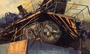 animal beak bird cloud cloudy_sky commentary_request concept_art feathers no_humans original rubble scenery sky toy(e) yellow_eyes