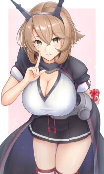 Rule 34 | 1girl, absurdres, black skirt, blush, breasts, brown hair, cleavage, flipped hair, gift, gloves, green eyes, happy valentine, headgear, highres, holding, holding gift, incoming gift, jacket, kantai collection, large breasts, looking at viewer, mesera, midriff, mutsu (kancolle), mutsu kai ni (kancolle), pink background, pleated skirt, short hair, skirt, smile, thighhighs, valentine, white background, white gloves