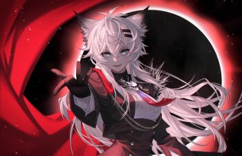 1girl animal_ears arknights black_background black_gloves black_jacket cape commentary cropped_jacket crossed_bangs eclipse english_commentary etru_faufau gloves grey_eyes highres jacket lappland_(arknights) lappland_the_decadenza_(arknights) long_sleeves looking_at_viewer messy_hair necktie open_mouth red_cape red_necktie scar scar_across_eye scar_on_face smile solar_eclipse solo upper_body white_hair wolf_ears