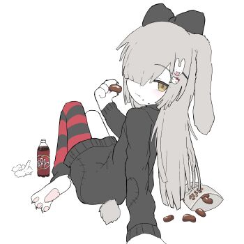 1girl absurdres animal_ears arm_support bad_id bad_twitter_id barefoot black_bow black_sweater blush body_fur bottle bow candy character_hair_ornament chocolate closed_mouth dr_pepper eating food foot_on_another's_face from_behind full_body furry furry_female grey_hair hair_bow hair_ornament hair_over_one_eye hairclip half-closed_eye hello_kitty hello_kitty_(character) highres holding holding_candy holding_food indie_virtual_youtuber knees_up long_hair long_sleeves looking_at_viewer looking_back lop_rabbit_ears one_eye_covered oyasu_miyo patchwork_clothes pawpads rabbit_ears rabbit_tail sanrio simple_background sitting soda_bottle solo sweater tail virtual_youtuber vreparty white_background white_fur yellow_eyes