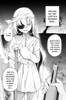 Rule 34 | 1girl, bandaged head, bandages, bottle, clover dot (clov erd), commentary, crutch, english commentary, english text, eyepatch, highres, long hair, long sleeves, missing wings, original, trembling, tunic, wine bottle