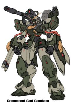 cable clenched_hands command_gundam fusion g_gundam glowing god_gundam green_eyes gundam haganef highres mecha no_humans robot science_fiction sd_command_chronicles shoulder_cannon solo super_robot v-fin