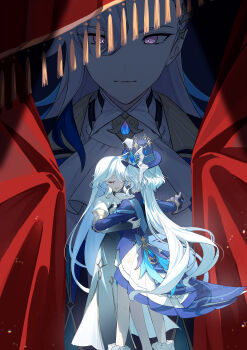 1boy 2girls absurdres ascot black_dress blue_gem blue_hair blue_hat blue_jacket closed_eyes commentary_request curtains dress focalors_(genshin_impact) furina_(genshin_impact) gem genshin_impact hat hat_ornament highres jacket long_hair long_sleeves multicolored_dress multicolored_hair multiple_girls neuvillette_(genshin_impact) owl_5151 purple_eyes streaked_hair top_hat white_ascot white_dress white_hair