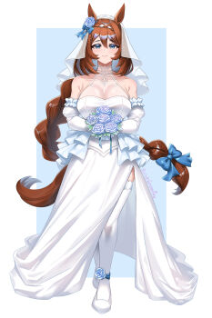 1girl animal_ears artist_name bare_shoulders blue_background blue_bow blue_eyes blue_flower bouquet bow braid breasts bride brown_hair burnt_green_tea cleavage closed_mouth dress elbow_gloves flower full_body gloves hair_between_eyes hair_bow highres holding holding_bouquet horse_ears horse_girl horse_tail large_breasts long_hair looking_at_viewer low-tied_long_hair multicolored_hair see-through_cleavage see-through_clothes shoes side_slit sleeveless sleeveless_dress smile solo standing streaked_hair super_creek_(umamusume) tail thighhighs umamusume veil very_long_hair wedding_dress white_dress white_gloves white_shoes white_streaks white_thighhighs white_veil