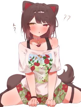 1girl ? ?? absurdres animal_ears blue_nails breasts commentary_request dog_ears dog_girl dog_tail heterochromia highres inui_toko inui_toko_(summer_casual) looking_at_viewer medium_breasts medium_hair nail_polish nijisanji official_alternate_costume open_mouth red_eyes shirt solo tail tepenchi thigh_strap virtual_youtuber white_background white_shirt yellow_eyes