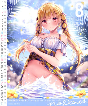 1girl 2024 absurdres artist_name august bare_shoulders black_ribbon blonde_hair blurry blurry_background breasts calendar_(medium) cleavage clothes_lift convenient_censoring cowboy_shot day dengeki_moeoh dress dress_lift falling_petals flower flower_on_liquid groin hair_ribbon highres lens_flare lifting_own_clothes long_hair looking_at_viewer magazine_scan medium_breasts navel nemuri_nemu no_panties off-shoulder_dress off_shoulder original outdoors palm_tree parted_lips petals red_eyes ribbon scan shiny_skin sidelocks solo standing straight-on sunlight third-party_source tree twintails wading water water_drop wet wet_clothes wringing_clothes wringing_dress yellow_flower yellow_petals