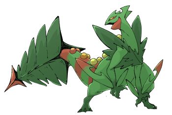 absurdres colored_sclera colored_skin full_body gen_3_pokemon green_skin green_tail highres leaf looking_back mega_pokemon mega_sceptile nintendo pokemon pokemon_(creature) pokemon_focus pr_quote sceptile simple_background solo white_background yellow_sclera