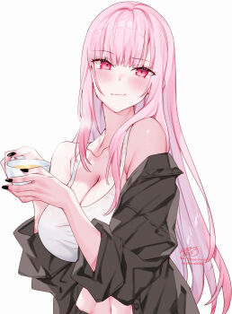 1girl absurdres artist_name bare_shoulders black_nails black_shirt blush breasts cleavage closed_mouth collarbone commentary cup english_commentary fingernails highres holding holding_cup hololive hololive_english kamiya_maneki large_breasts long_hair long_sleeves looking_at_viewer mori_calliope nail_polish pink_eyes pink_hair shirt signature simple_background smile solo tank_top teacup twitter_username virtual_youtuber white_background white_tank_top