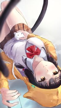 1girl absurdres animal_ears animal_hood asakura_karen_(heaven_burns_red) black_hair blunt_bangs blush bow bowtie braid breasts brown_eyes brown_skirt cat cat_ears cat_hood cat_tail cellphone closed_mouth collared_shirt hair_bobbles hair_ornament heaven_burns_red highres holding holding_phone hood hood_up hooded_jacket hoodie jacket large_breasts long_hair long_sleeves looking_at_viewer low_twintails lying medium_breasts miniskirt on_back open_clothes open_hoodie open_jacket phone plaid_clothes plaid_skirt pleated_skirt red_bow red_bowtie school_uniform shirt skirt smartphone smile solo stuffed_animal stuffed_cat stuffed_toy tail terulion1192 twin_braids twintails upside-down white_cat white_shirt yellow_eyes yellow_hoodie yellow_jacket
