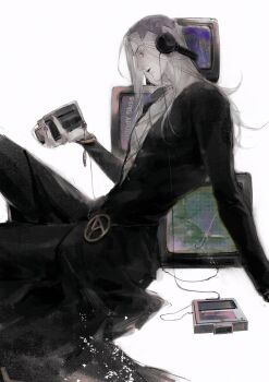1boy black_lips black_nails black_pants blonde_hair camera clothing_cutout cross-laced_clothes cross-laced_cutout grey_hair hat headphones highres holding holding_camera jojo_no_kimyou_na_bouken leone_abbacchio liejiuyuyan1 long_hair long_sleeves makeup male_focus pants pectoral_cleavage pectorals plunging_neckline purple_eyes purple_hat simple_background sitting solo television vento_aureo white_background