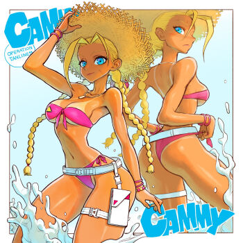 1girl artist_request ass bikini blonde_hair blue_eyes braid breasts cammy_white english_text hat lips long_hair medium_breasts scar scar_on_face straw_hat street_fighter street_fighter_6 swimsuit tan tanline thigh_strap thong_bikini water