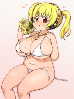 Rule 34 | 1girl, bikini, blonde hair, blush, breasts, burger, cleavage, food, front-tie bikini top, front-tie top, headphones, huge breasts, jewelry, looking at viewer, messy, necklace, nitroplus, open mouth, plump, randou, red eyes, side-tie bikini bottom, simple background, sitting, solo, star (symbol), star necklace, super pochaco, sweat, swimsuit, thighs, untied bikini, white background, white bikini