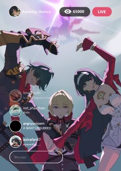 1boy 2girls absurdres aragiken arm_up astra_yao black_coat black_gloves black_hair black_jacket black_pants blonde_hair blue_sky breasts chest_harness cleavage coat coat_on_shoulders commentary dress elbow_gloves english_commentary ethereal_(zenless_zone_zero) evelyn_chevalier gloves green_hair grin hair_intakes hairband half_gloves harness heart_arms heart_arms_duo high-waist_pants highres jacket jewelry large_breasts leaning_to_the_side lighter_(zenless_zone_zero) livestream long_hair looking_at_viewer multiple_girls necklace necktie one_eye_closed open_mouth outdoors pants pearl_necklace purple_eyes red_eyes red_scarf red_shrug scarf shirt short_hair shoulder_spikes shrug_(clothing) single_elbow_glove single_half_glove sky smile sparkle spiked_jacket spikes strapless strapless_dress studded_gloves sunglasses uneven_bangs white_dress white_hairband white_shirt yellow_necktie zenless_zone_zero