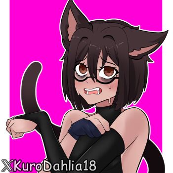 animal_ears blush breasts brown_eyes brown_hair cat_ears cat_tail fang glasses gloves kurodahlia18 nervous original short_hair shy small_breasts star_(symbol) sweat sweatdrop tail tan tanned_body